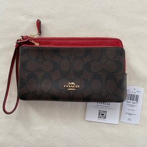 Coach Double Zip Wallet In Signature Canvas and Refined Leather